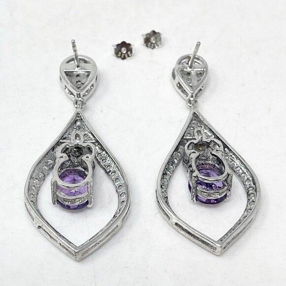 925 Sterling Silver Amethyst & Cubic Zirconia Drop Statement Pierced Earrings - Picture 3 of 8